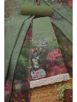 Soch - Womens Olive Linen Botanical Print Unstitched Suit (Set of 3)
