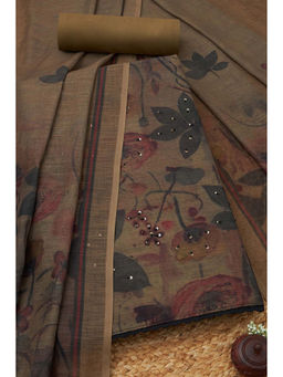 Soch - Womens Olive Linen Floral Print Unstitched Suit (Set of 3)