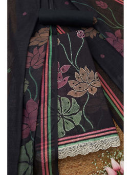 Soch - Womens Black Linen Floral Print Unstitched Suit (Set of 3)