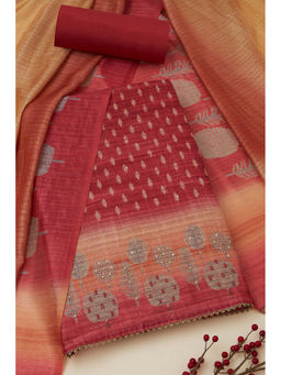 Soch - Womens Rust Tussar Botanical Print Unstitched Suit (Set of 3)