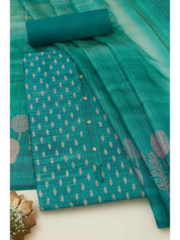 Soch - Womens Turquoise Blue Tussar Botanical Print Unstitched Suit (Set of 3)