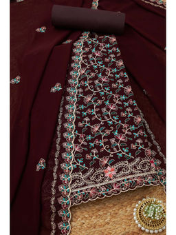 Soch - Womens Maroon Georgette Embroidered Unstitched Suit (Set of 3)