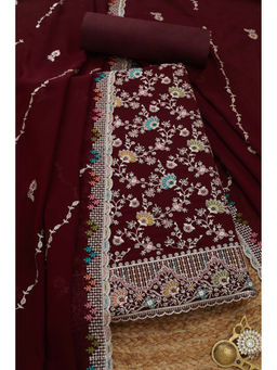 Soch - Womens Maroon Georgette Embroidered Unstitched Suit (Set of 3)