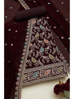 Soch - Womens Maroon Georgette Embroidered Unstitched Suit (Set of 3)