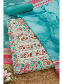 Soch - Womens Blue Linen Floral Print Unstitched Suit (Set of 3)