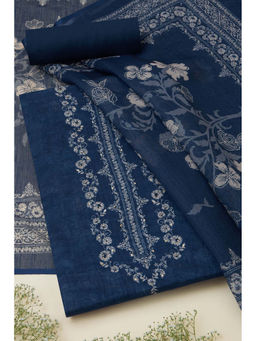 Soch - Womens Navy Blue Linen Floral Print Unstitched Suit (Set of 3)