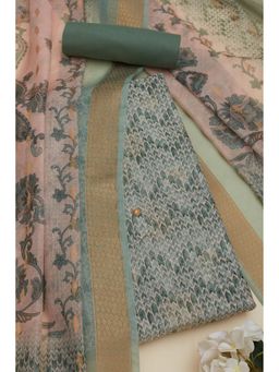 Soch - Women Sap Green Chanderi Geometric Print Unstitched Top with Bottom & Dupatta (Set of 3)