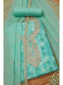 Soch - Women Teal Organza Floral Print Unstitched Top with Bottom & Dupatta (Set of 3)