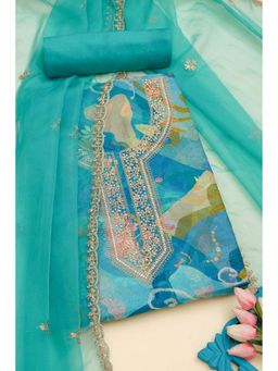 Soch - Women Turquoise Blue Organza Abstract Print Unstitched Top with Bottom & Dupatta (Set of 3)