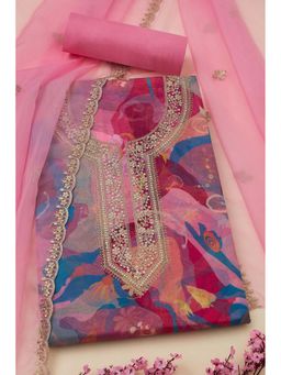 Soch - Women Pink Organza Abstract Print Unstitched Top with Bottom & Dupatta (Set of 3)
