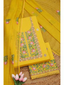 Soch - Women Yellow Cotton Embroidered Unstitched Top with Bottom & Dupatta (Set of 3)