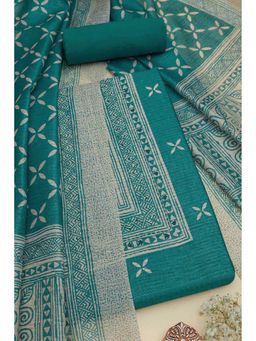 Soch - Women Turquoise Blue Tussar Geometric Print Unstitched Top with Bottom & Dupatta (Set of 3)