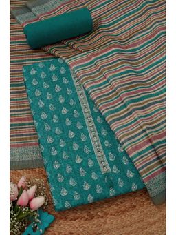 Soch - Women Turquoise Blue Tussar Abstract Print Unstitched Top with Bottom & Dupatta (Set of 3)