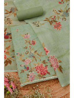 Soch - Women Green Linen Floral Print Unstitched Top with Bottom & Dupatta (Set of 3)