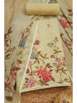Soch - Women Beige Linen Floral Print Unstitched Top with Bottom & Dupatta (Set of 3)