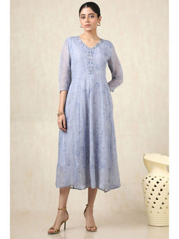 Soch - Women Blue Organza Botanical Print Dress with Thread Work