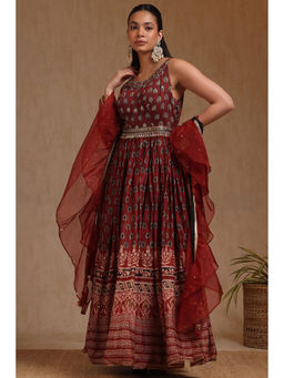 Soch - Women Maroon Floral Print Anarkali Kurta with Belt, Churidar & Dupatta (Set of 3)