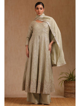 Soch - Women Sap Green Chinon Embroidered Kurta with Palazzo & Dupatta (Set of 3)