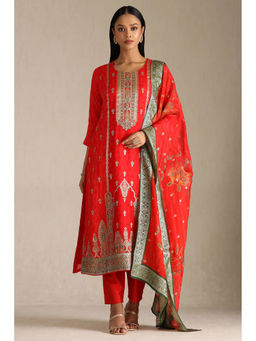 Soch - Women Red Organza Ethnic Motif Kurta with Pant & Dupatta (Set of 3)