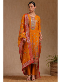 Soch - Women Mustard Organza Ethnic Motif Kurta with Pant & Dupatta (Set of 3)