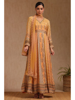 Soch - Women Mustard Viscose Botanical Print Gown with Dupatta (Set of 2)