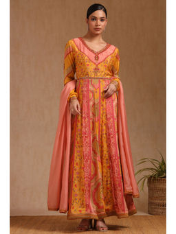 Soch - Women Yellow Viscose Botanical Print Gown with Dupatta (Set of 2)