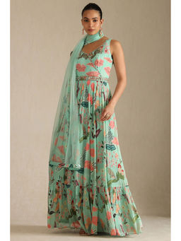 Soch - Women Turquoise Green Floral Print Gown with Unstitched Sleeves & Dupatta (Set of 2)
