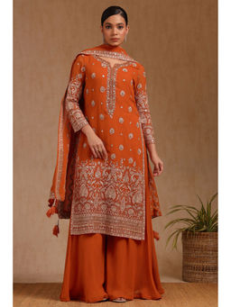 Soch - Women Orange Georgette Embroidered Kurta with Palazzo & Dupatta (Set of 3)