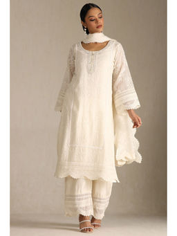 Soch - Women Off White Embroidered Kurta with Inner Slip, Palazzo & Dupatta (Set of 4)