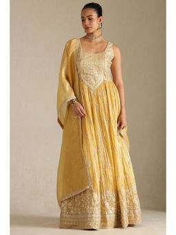 Soch - Women Yellow Anarkali Kurta with Unstitched Sleeves, Churidar & Dupatta (Set of 3)