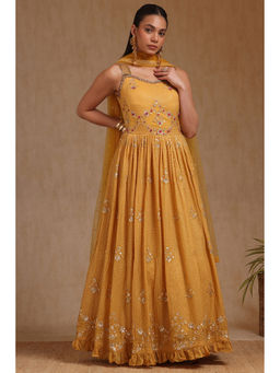 Soch - Women Gold Floral Anarkali Kurta with Unstitched Sleeves, Churidar & Dupatta (Set of 3)