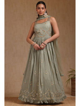Soch - Women Green Floral Anarkali Kurta with Unstitched Sleeves, Churidar & Dupatta (Set of 3)