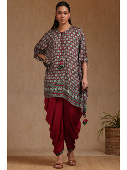 Soch - Women Maroon Muslin Floral Print Kaftan Kurta with Dhoti (Set of 2)