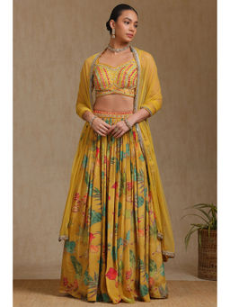 Soch - Women Yellow Crepe Ghagra Choli with Unstitched Sleeves & Dupatta (Set of 3)