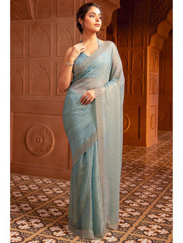 Soch - Women Powder Blue Georgette Floral Print Saree with Unstitched Blouse