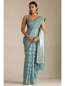 Soch - Women Turquoise Blue Tussar Woven Design Saree with Unstitched Blouse