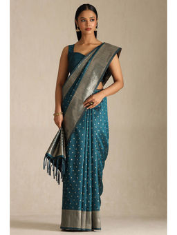 Soch - Women Teal Tussar Woven Design Saree with Unstitched Blouse
