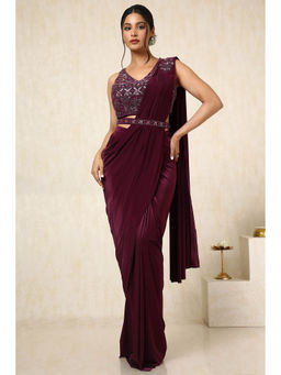 Soch - Women Wine Nylon Blend Ready To Wear Saree with Stitched Blouse & Belt