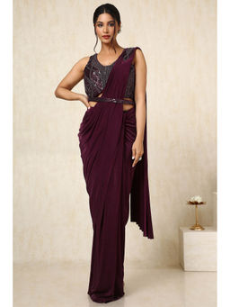 Soch - Women Wine Nylon Blend Ready To Wear Saree with Stitched Blouse & Belt