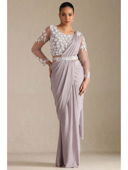 Soch - Women Lavender Nylon Blend Solid Ready To Wear Saree with Stitched Blouse & Belt
