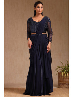 Soch - Women Navy Blue Nylon Blend Solid Ready To Wear Saree with Stitched Blouse & Belt