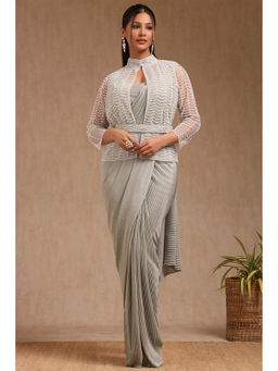 Soch - Women Sap Green Nylon Blend Solid Ready To Wear Saree with Stitched Blouse & Belt and Jacket