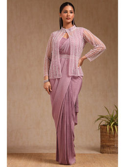Soch - Women Purple Nylon Blend Solid Ready To Wear Saree with Stitched Blouse & Belt and Jacket