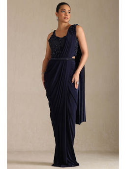 Soch - Women Navy Blue Nylon Blend Solid Ready To Wear Saree with Stitched Blouse & Belt