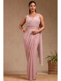 Soch - Women Blush Pink Nylon Blend Solid Ready To Wear Saree with Stitched Blouse & Belt