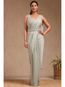 Soch - Women Sap Green Nylon Blend Solid Ready To Wear Saree with Stitched Blouse & Belt