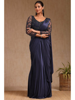 Soch - Women Navy Blue Nylon Blend Solid Ready To Wear Saree with Stitched Blouse