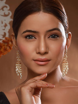 Saraf RS Jewellery - 24K Gold Plated Kundan And Pearl Beaded Drop Earring