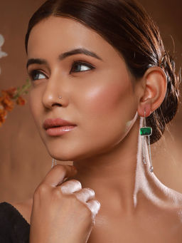 Saraf RS Jewellery - Silver Plated Green Crystal Dropdown Minimal Fishhook Earrings