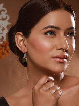 Saraf RS Jewellery - Silver Plated Oxidised Peridot Green Solitaire Minimal Fish Hook Earrings